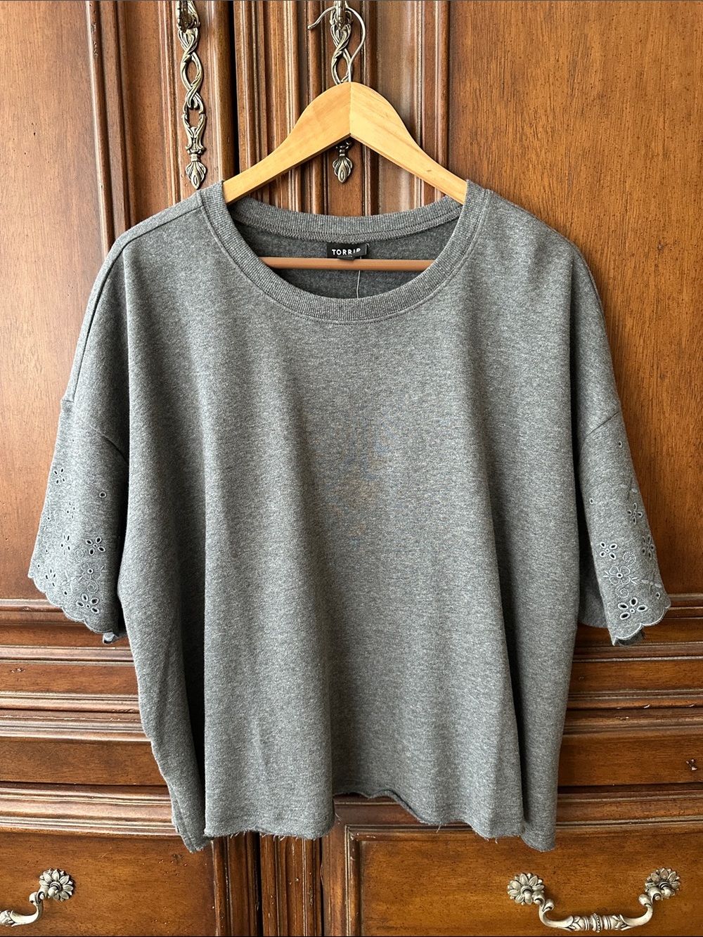 torrid French Terry Drop Shouoder Gray Eyelet Short-Sleeve Top